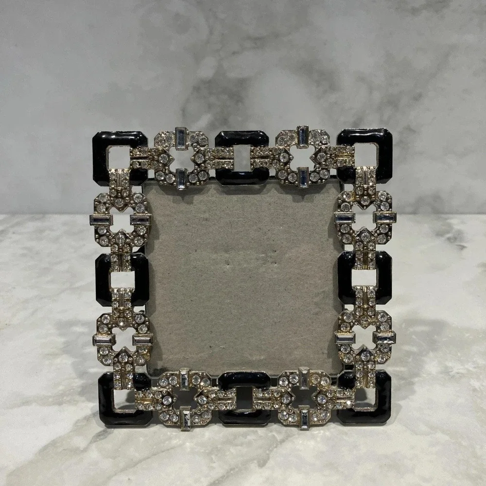Ashleigh Manor Geometric Art Deco Frame Enamel Metal Faux Jewels Photo Frame Vtg